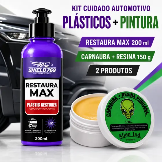 Kit Cera Automotiva Alien Carnaúba Espelhamento Cerâmico Polimento + Restaurador de Plásticos