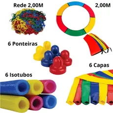 Kit Acessórios Cama Elástica 2,00m – Protetor + Rede + Ponteiras + Isotubos + Capas Coloridas