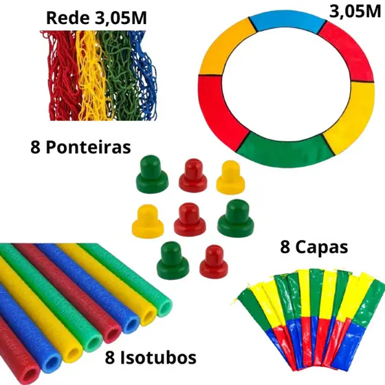 Kit Acessórios para Cama Elástica – Rede de Proteção + Protetores + Capas e Ponteiras Coloridas