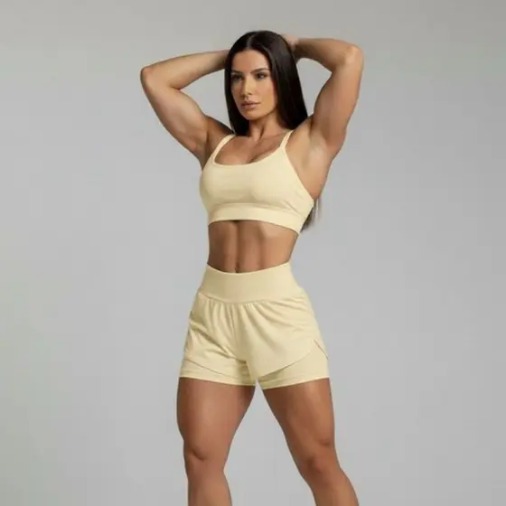 conjunto fitnes  SHORT DUPLO , short compressão feminino top+short duplo 2 em 1 conjunto de academia