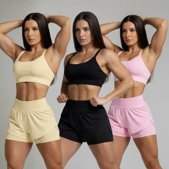 kit 3 conjuntos com SHORT DUPLO de academia candy color short 2 em 1 e top forrado