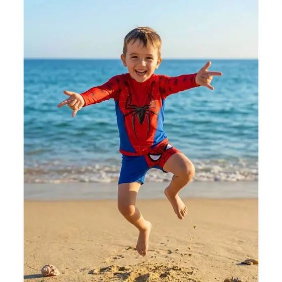 Moda praia infantil herói homem aranha vermelho camisa + sunga