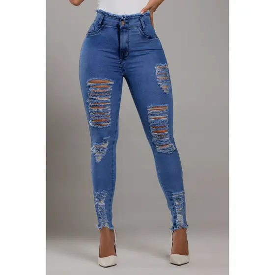 Calça Jeans Feminina Modeladora Skinny Empina Bumbum Com Elastano Cintura Alta Premium Rasgada