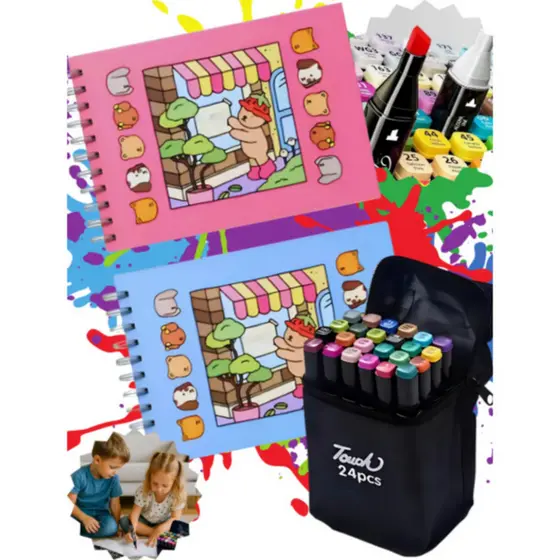 KIT CANETINHAS  24 CORES PONTA DUPLA TOUCH + LIVRO DESENHO INFANTIL PARA COLORIR CRIANÇA PREMIUM KIT