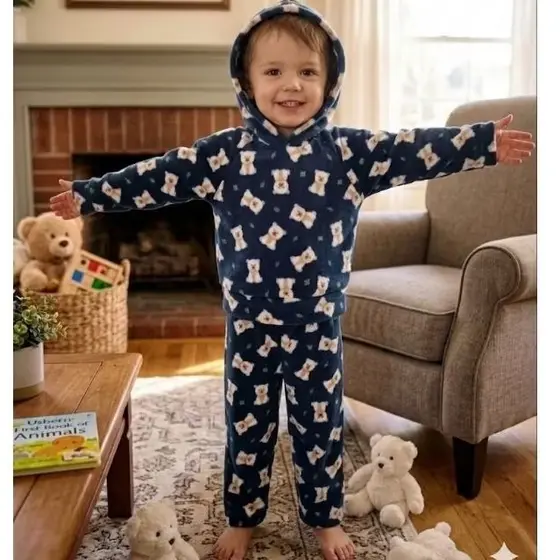 Conjunto de pijama soft com capuz fechado, Pijama para criança varias estampas