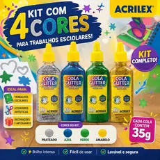 KIT COLA GLITTER ACRILEX 4 CORES 35g | VERDE AMARELA DOURADA E AZUL ACRILEX 35g