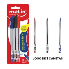 Jogo de Canetas Molin 3 Unidades Azul, Vermelha e Preta – Escrita Macia e Precisa