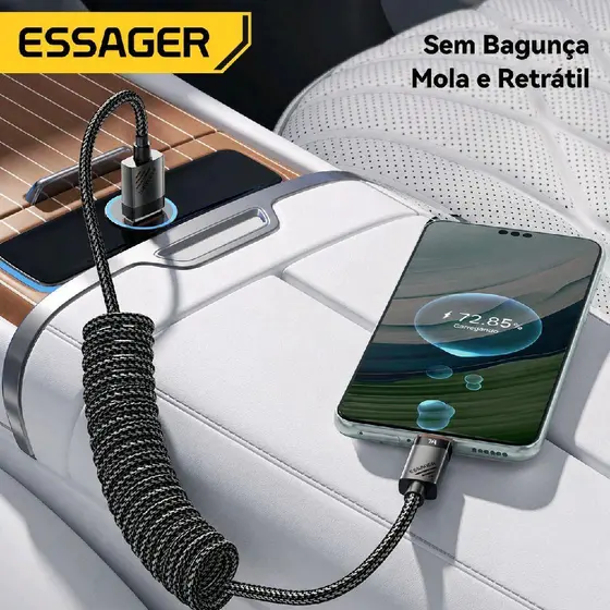 Cabo USB-C Turbo 100W/88W Essager 7A — Carregamento Ultra Rápido para Huawei, Honor, Samsung e Mais