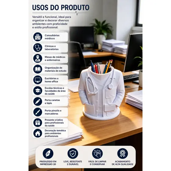 Organizador de Canetas para Jaleco Médico em Impressão 3D | Suporte Decorativo