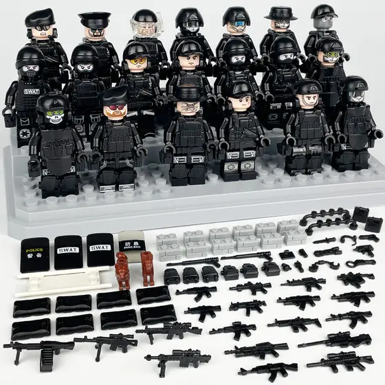 Blocos de montagem miniaturas polícia militar com cão, armas e escudo, brinquedo infantil educativo