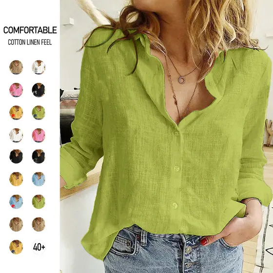 2025 Primavera e Outono Camisa de Linho Casual Feminina de Manga Longa Solta Plus Size Roupas Femininas em Estoque