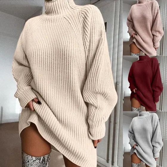 Comércio exterior outono inverno novos produtos senhoras malhas de comprimento médio manga Raglan meia gola alta vestido