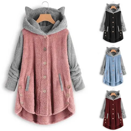 2026 outono inverno botão com capuz orelhas de gato pelúcia topo Irregular rua Wear cor combinando jaqueta feminina