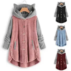 2026 outono inverno botão com capuz orelhas de gato pelúcia topo Irregular rua Wear cor combinando jaqueta feminina