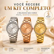Kit 3 ou 2 Relógios Femininos Analógicos com Pulseira Metálica e Cristais Elegantes