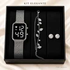Kit Feminino Relógio Digital + Pulseira + Brincos 3 em 1 Presente Elegante