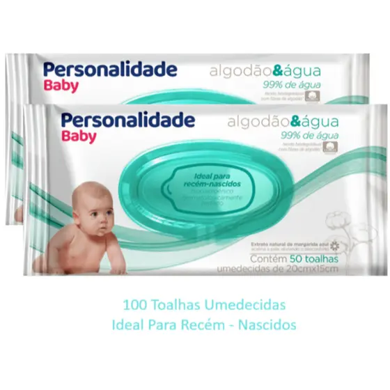 Lenço Umedecido 100un Recém Nascido Personalidade Baby RN 2 Pacotes C/50un
