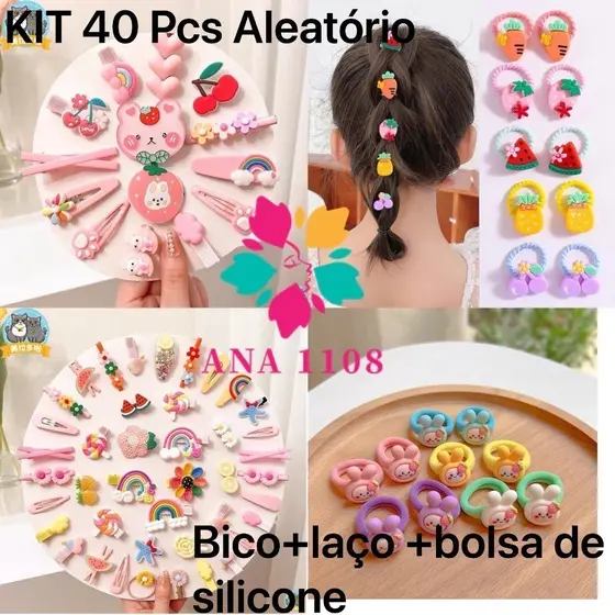 Kit 40unidades Lacos de Bico de pato/Tic tac+ Rabico Com Desenho de Silicone Infantil  Acessórios Para Cabelo