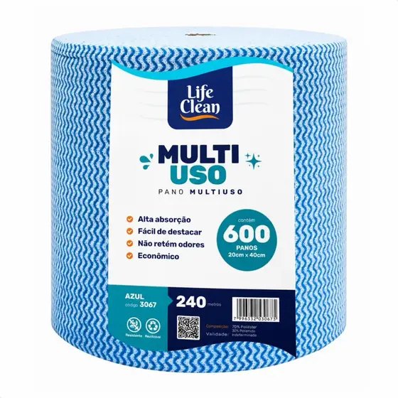Pano Rolo Multiuso Azul 600 Panos 20x40 Reutilizável Alta Absorção