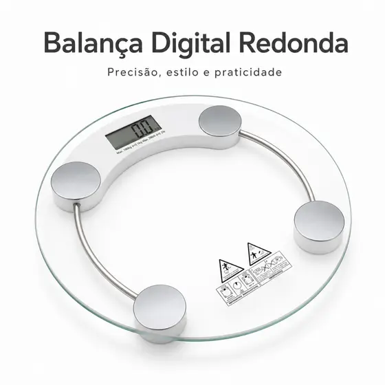 Balança Digital de Chão Redonda Vidro Temperado até 180kg com Visor LCD