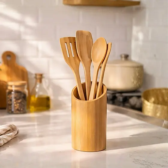 Kit Utensílios de Cozinha Bambu 5 Peças com Suporte Porta Talheres Madeira Natural