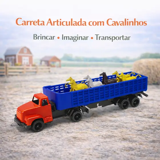 Brinquedo Caminhão Boiadeiro com Carreta Articulada + 8 Cavalinhos Fazendinha Infantil