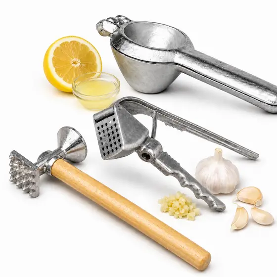 Kit Utensílios de Cozinha em Alumínio 3 Peças Espremedores e Martelo de Carne