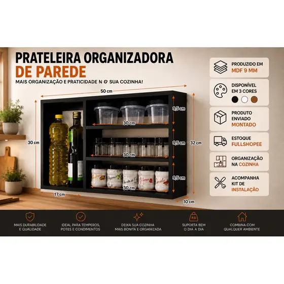 Porta Temperos Nicho Cozinha Suporte Suspenso Especiarias Mdf
