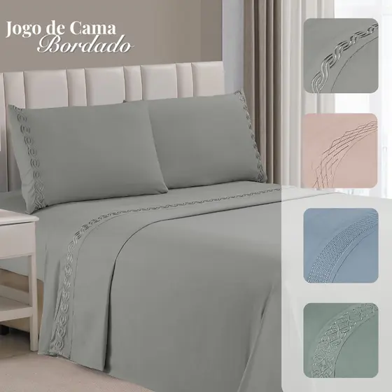 Jogo de Cama King Lençol Bordado 4 Peças Flora Bordado Exclusivo Várias Cores Toque Macio Habitat
