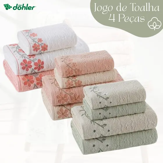 Jogo de Toalha Dohler 4 Peças de Algodão Banho e Rosto Super Macia Felpuda Ótima Absorção Eva
