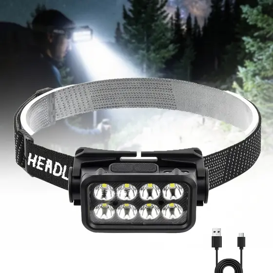 Lanterna de Cabeça Recarregável com Sensor, 8 LEDs, 5 Modos, Tipo-C, para Pesca, Camping e Trabalho