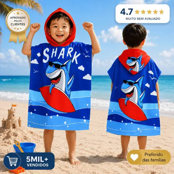 Toalha Roupão Infantil para Piscina Praia com Capuz | Poncho Menino Menina Sereia Tubarão Unicórnio