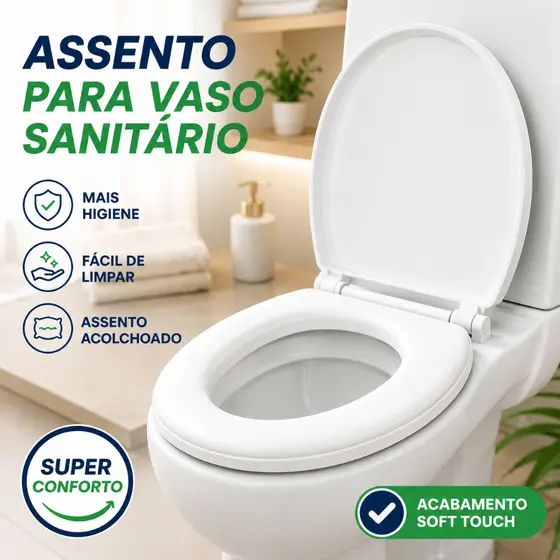 Assento Sanitário Almofadado Tampa de Vaso Encaixe Universal Impermeável Branco