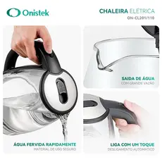 Chaleira Elétrica Onistek 1,8L com LED Que Dança  Luzes Inteligentes Vidro Transparente