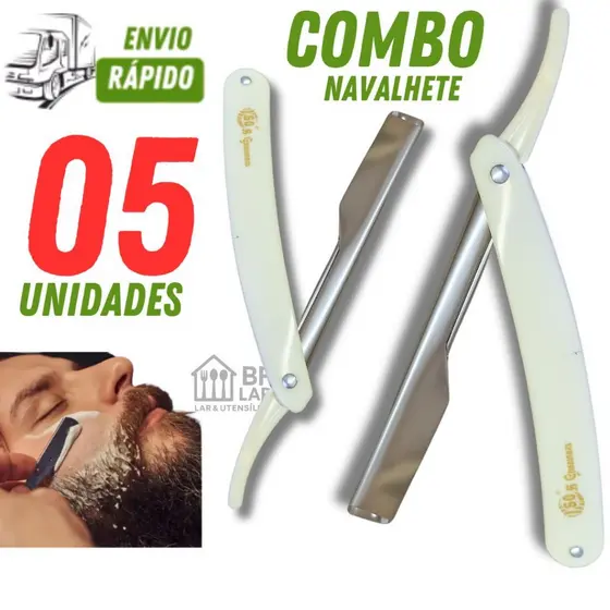 CONJUNTO KIT 05 NAVALHETE INOX CABO DE PLÁSTICO PREMIUM LEVE  PARA CABELELEIRO SALÃO DE BELEZA