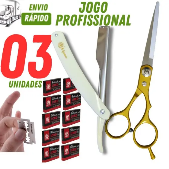 Kit 50 Laminas Lord + 01 Tesoura e 01 Navalhete em Aço Inox Cabo Plástico para Barbeiro  Cabelereiro
