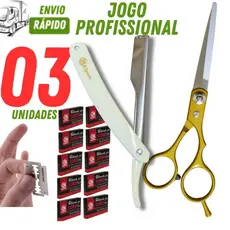 Kit 50 Laminas Lord + 01 Tesoura e 01 Navalhete em Aço Inox Cabo Plástico para Barbeiro Cabelereiro