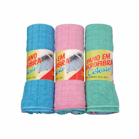 Kit 3 Panos Multiuso Microfibra Celeste | 48x58cm | Alta Absorção, Sem Fiapos, Lavável