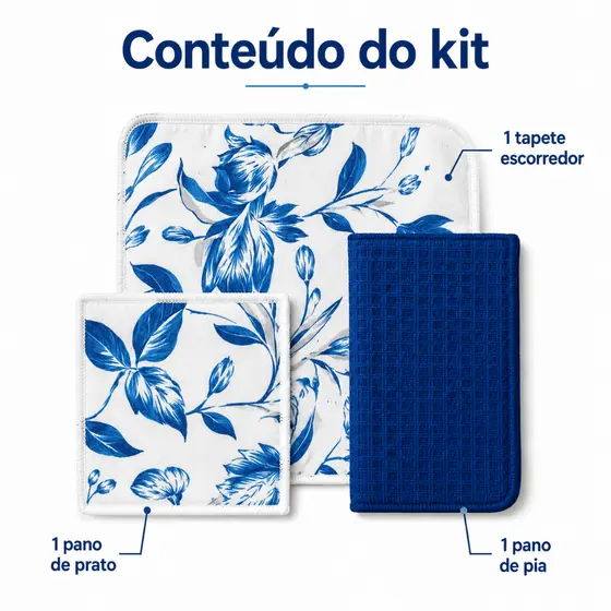 Tapete Aparador Escorredor de Louças em Microfibra Dupla Face + Pano de Prato + Pano de Pia