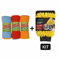 Kit Limpeza Automotiva – Luva Microfibra + 3 Panos Multiuso – Vidros, Espelhos e Carros Brilhando