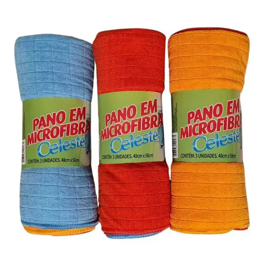 Kit 3 Panos em Microfibra Tamanho 48X58 Limpeza Multiuso - Casa - Carro - Chão - Vidros - Móveis