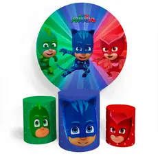 Kit Painel Decoração PJ Masks Heróis Redondo Capa Veste Fácil E Capa Trio Cilíndro Personalizado Festa De Aniversário