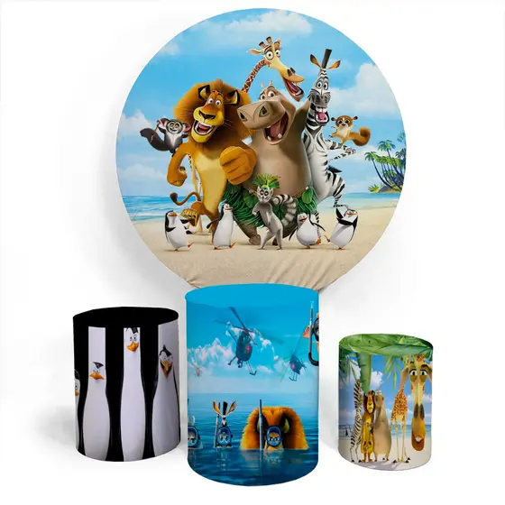 Kit Painel Aniversário Madagascar Praia Divertido Rei Julian Comemoração Aniversário Festa + Trio Capas Cilindro