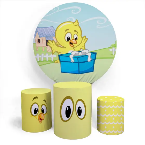 Kit Capa Painel Personalizado E Capa Cilíndro Veste Fácil Comemoração Infantil Tema Pintinho Amarelinho