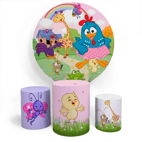 Kit Painel De Festa Infantil Redondo Capa Temática E Capa Trio Conjunto Cilíndro Tema Galinha Azul Com Bolinhas