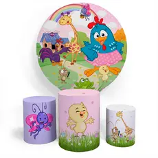 Kit Painel De Festa Infantil Redondo Capa Temática E Capa Trio Conjunto Cilíndro Tema Galinha Azul Com Bolinhas