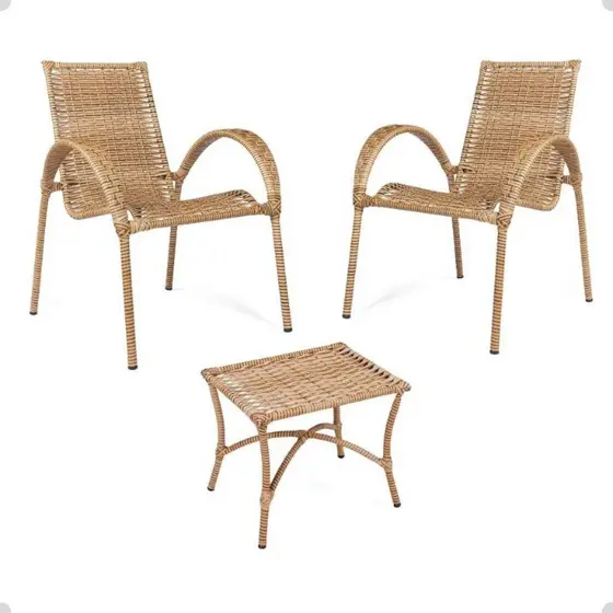 Kit 2 Cadeira Grécia + Mesa Premium Resistente Luxo Leve Sacada Junco Sintético Jardim Clean Chalé
