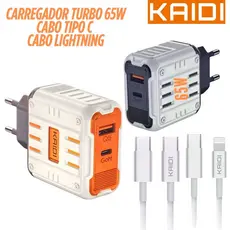 Carregador Tomada Fonte de Carregamento Turbo 65w com entrada Tipo-C e USB KAIDI KD-681
