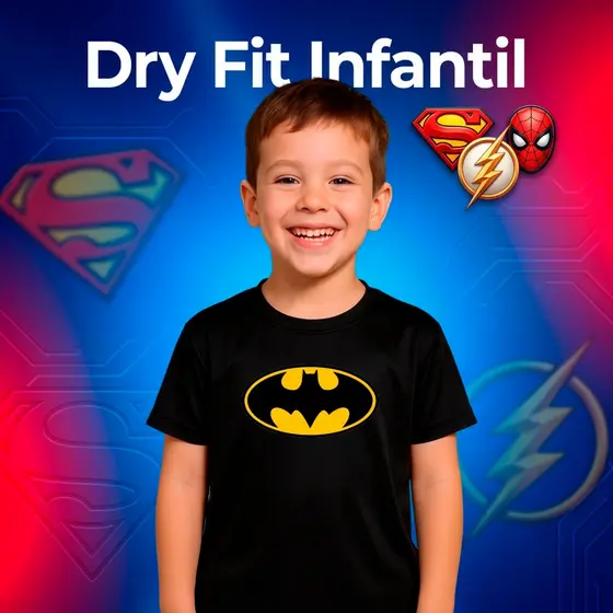 Camiseta Infantil Dry Fit Heróis Batman Superman Flash Homem Aranha Spiderman Superhomem