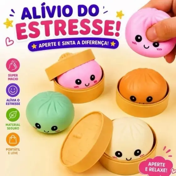 Squishy Dumpling Caixa Surpresa Colorido com Cestinha Pãozinho Antiestresse Cor Aleatória